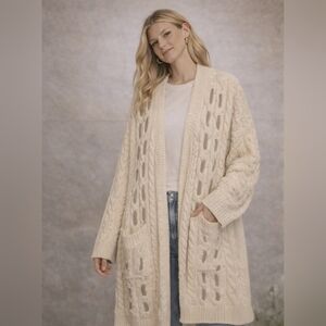 POL Oversized Cream Cable Knit Cardigan | Chunky Cozy Open Front Sweater